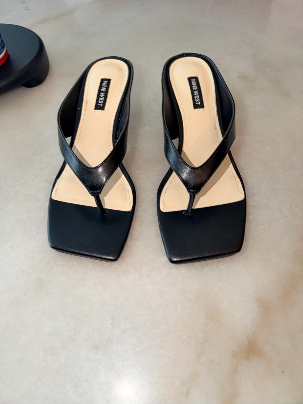 Nine West Black Square-Toe Thong Sandals with Beige Insole